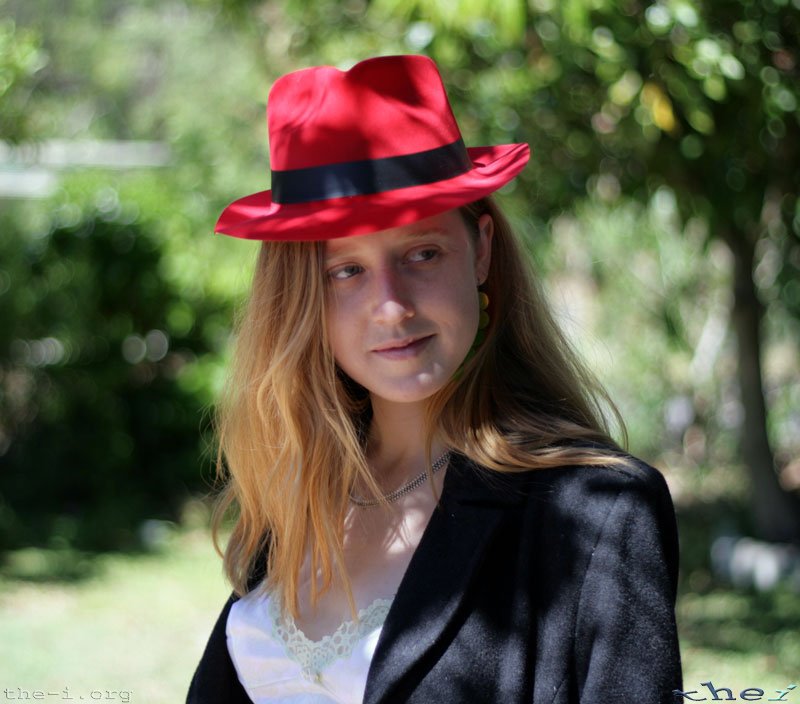 Bronwen wearing a red hat