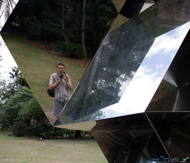 Ned in mirror at Brisbane Botanical Gardens